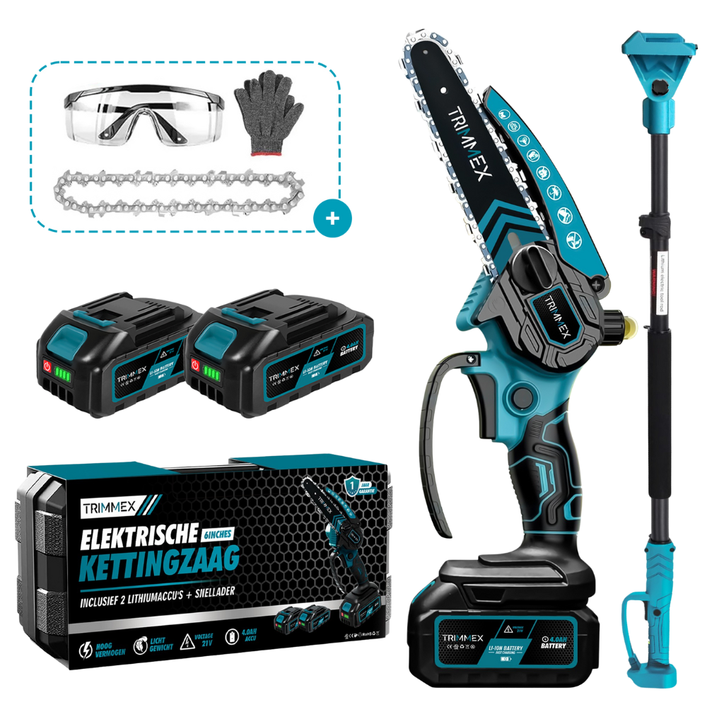 Trimmex® Mini chargeur de batterie + télescopique Snoeisteel - Comprend un chargeur de batterie et deux batteries puissantes (2x4,0 Ah)