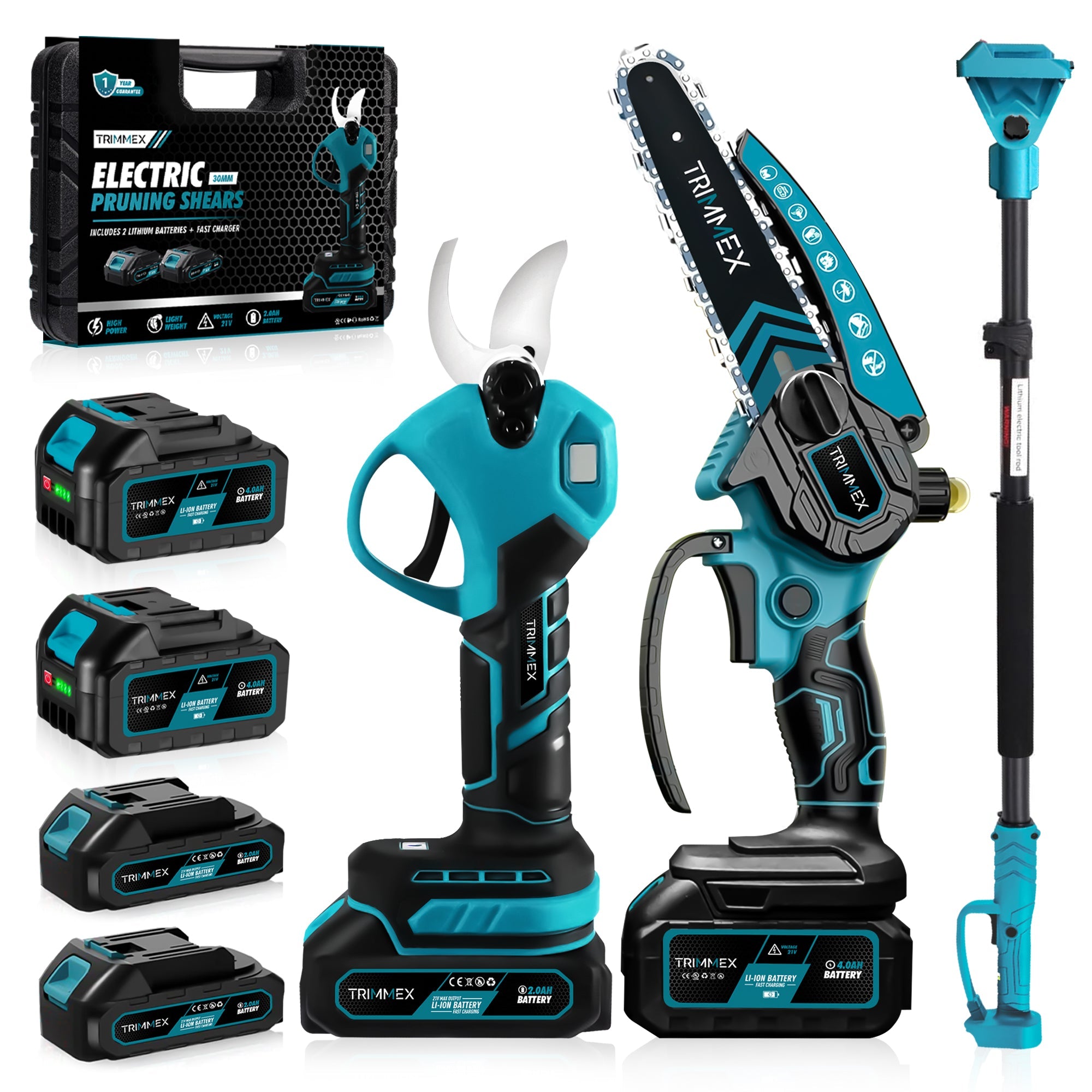 Mini chargeur de batterie Trimmex® + Snoozeischaar électrique + Snöeisteel télescopique - Comprend un chargeur de batterie et deux batteries puissantes (2x4,0 Ah)