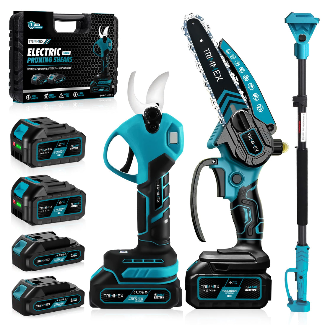 Mini chargeur de batterie Trimmex® + Snoozeischaar électrique + Snöeisteel télescopique - Comprend un chargeur de batterie et deux batteries puissantes (2x4,0 Ah)