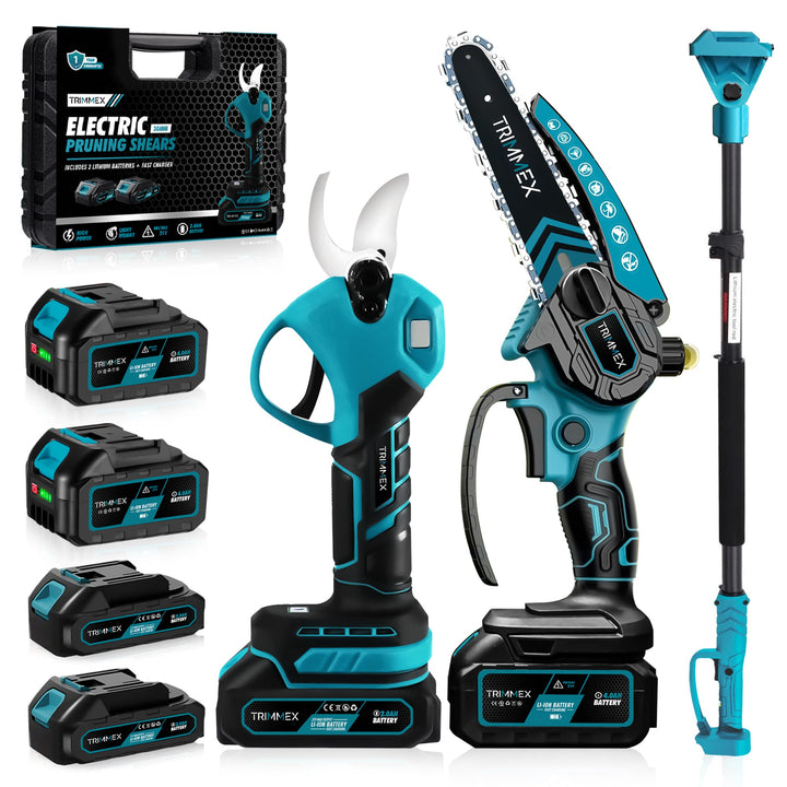 Mini chargeur de batterie Trimmex® + Snoozeischaar électrique + Snöeisteel télescopique - Comprend un chargeur de batterie et deux batteries puissantes (2x4,0 Ah)