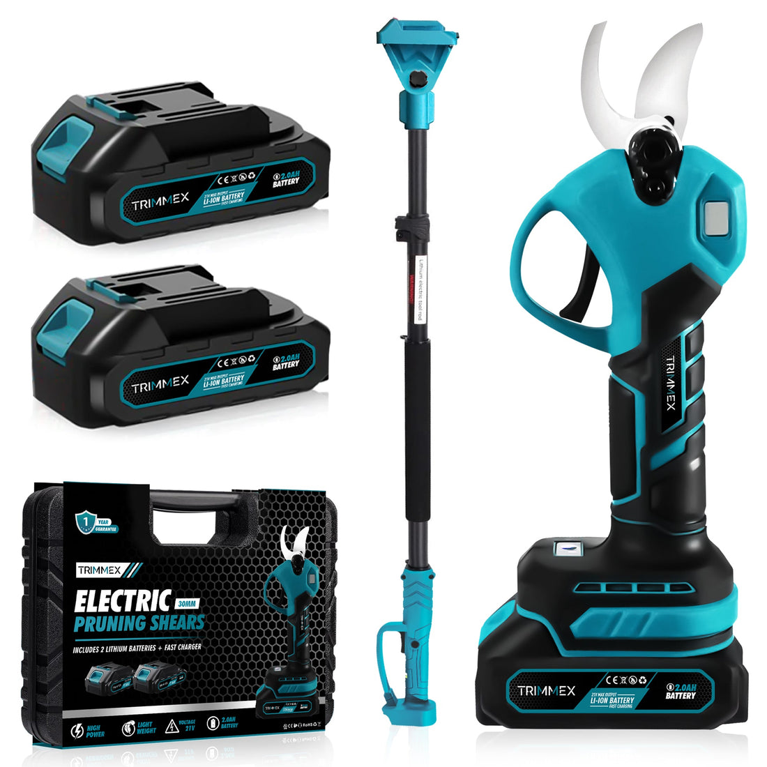 Trimmex® Elektrische Snoeischaar + Telescopische steel - Inclusief Opbergkoffer et Twee Krachtige Batterijen (2.0Ah)