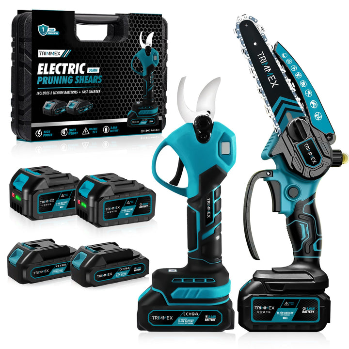 Mini chargeur de batterie Trimmex® + chargeur de batterie électrique - Chargeur de batterie inclus et deux batteries puissantes (2x4,0 Ah)