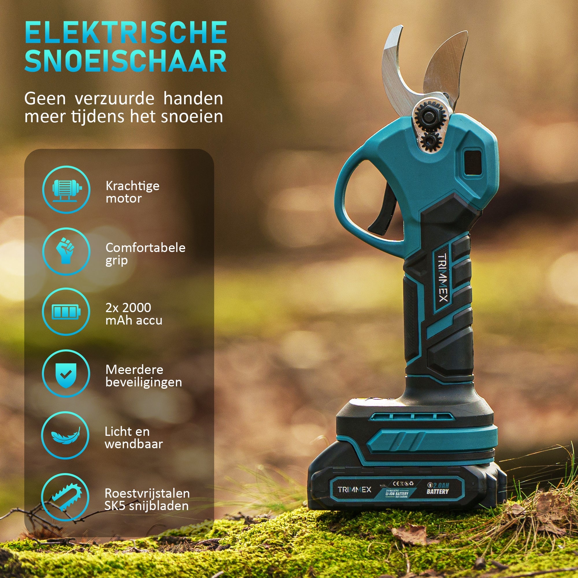 Trimmex® Elektrische Snoeischaar + Telescopische steel - Inclusief Opbergkoffer et Twee Krachtige Batterijen (2.0Ah)