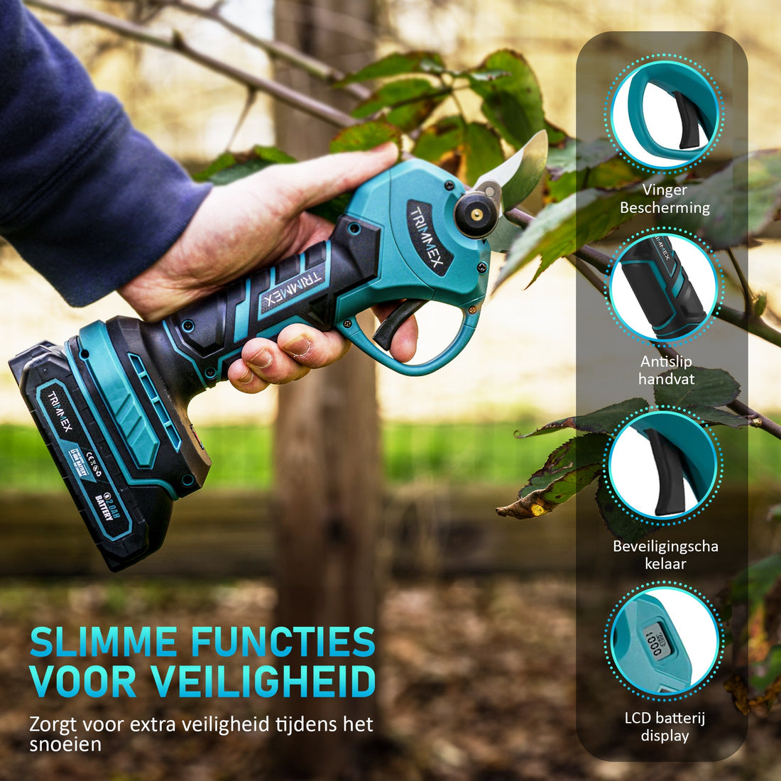 Trimmex® Elektrische Snoeischaar + Telescopische steel - Inclusief Opbergkoffer et Twee Krachtige Batterijen (2.0Ah)